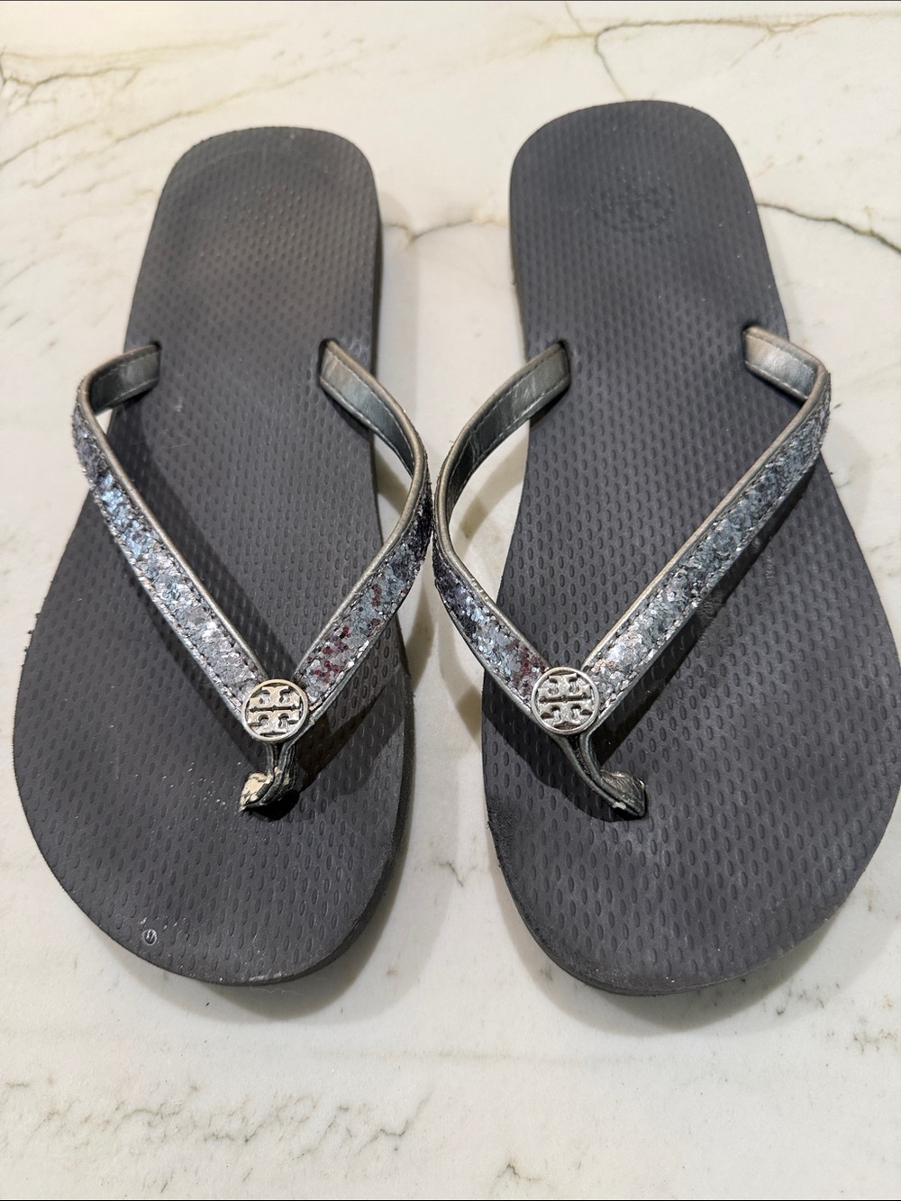 Tory Burch Black Flip Flop Sandals with Silver Sequin Straps